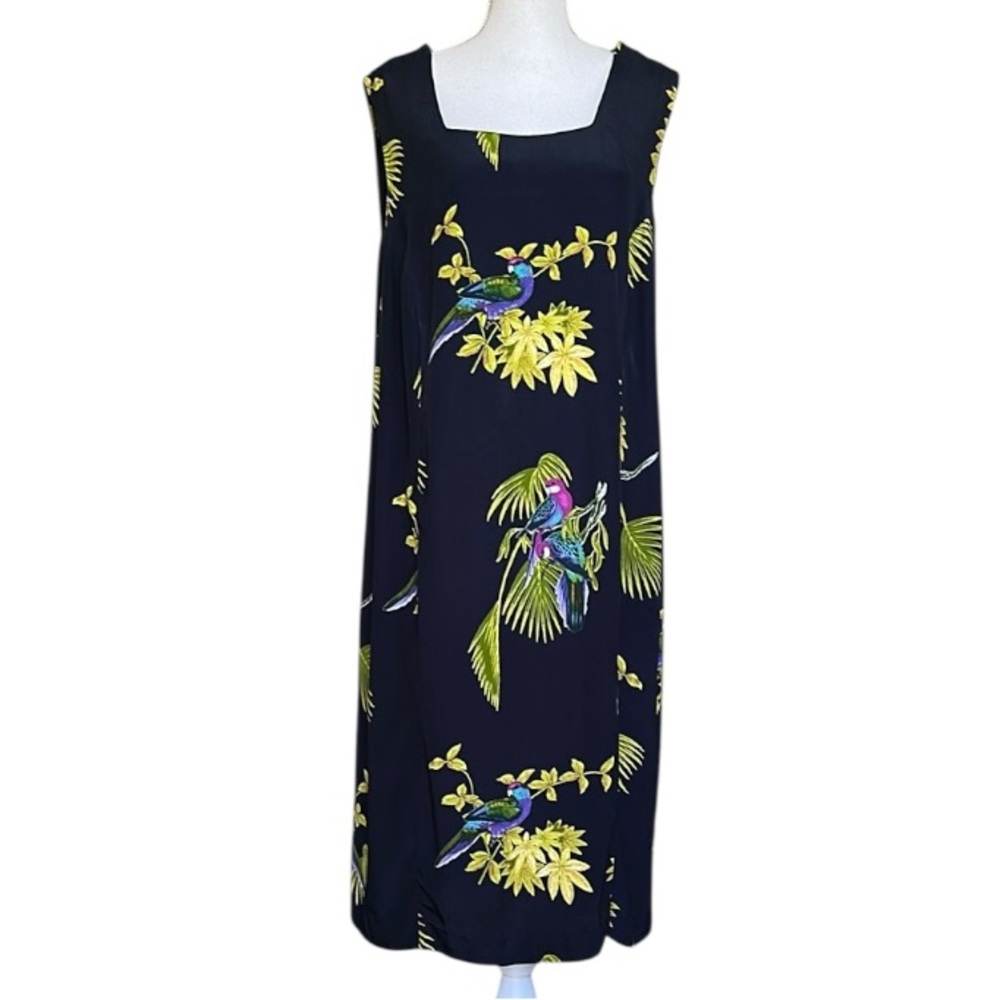 Vintage Midnight Blue Tropical Bird Print Sleeveless Dress Size 18 - Picture 1 of 11